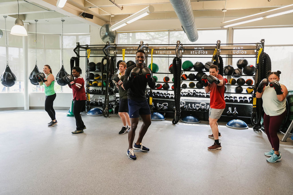 Group of members in a line in a boxing class